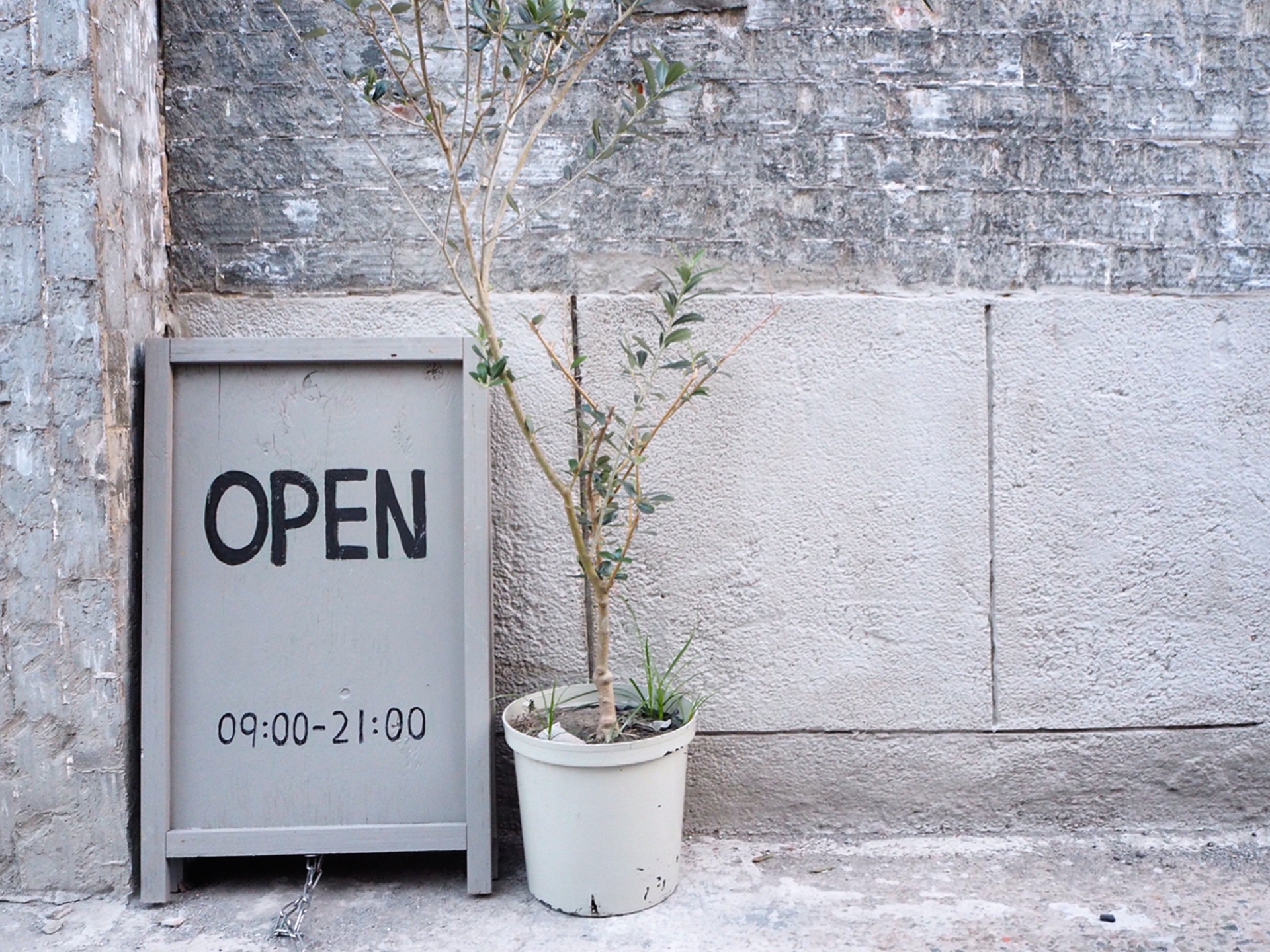 グレーの木枠のA型看板に「OPEN 09:00-21:00」と手書きされ、風合いのあるコンクリート壁の前に置かれている写真。隣に鉢植えのオリーブの木